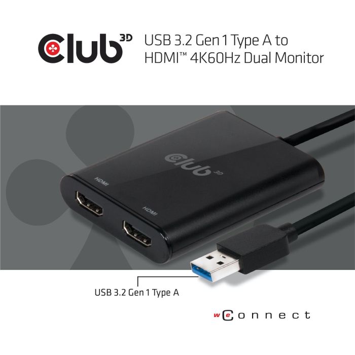Club3D Adaptador USB-A 3.2 a HDMI 2.0 Dual Monitor 4K 60Hz - Conecta 2 pantallas 3840x2160, Plug & Play, Negro
