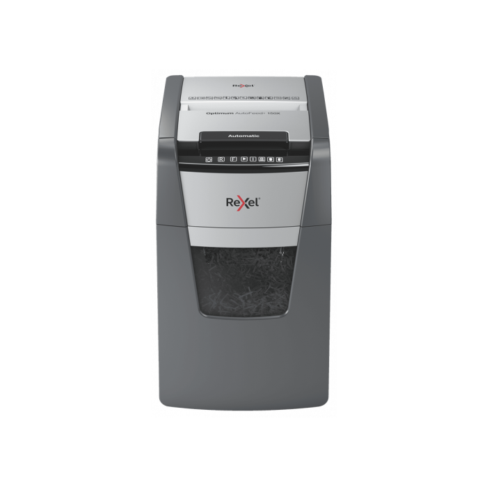 Rexel 2020150XEU Optimum AutoFeed+ 150X Trituradora de Papel Corte Cruzado, 150 Hojas, 44L, 55 dB, Negro/Gris 0 Rexel 2020150XEU Optimum AutoFeed+ 150X Trituradora de Papel Corte Cruzado, 150 Hojas, 44L, 55 dB, Negro/Gris 0
