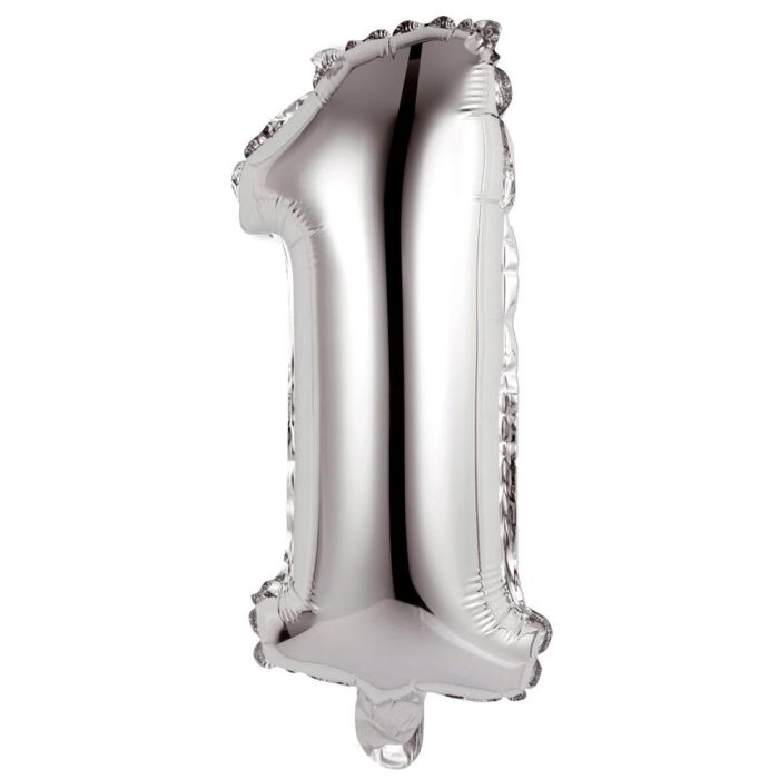 Party Time Globo Cifra 1 Plata 35 cm para aniversarios y cumpleaños, hinchable con aire o helio, reutilizable