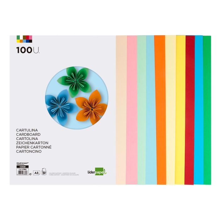 Cartulina Liderpapel A3 180 gr-M2 10 Colores Surtidos Paquete 100 Hojas 2