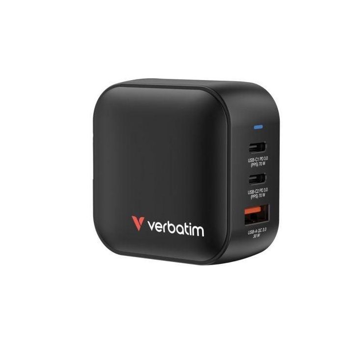 Verbatim 32229 Cargador de Pared Mini GaN 70W Universal para Viaje con Enchufes Múltiples 3 Puertos (2xUSB-C, 1xUSB-A) PD 3.0 QC 3.0