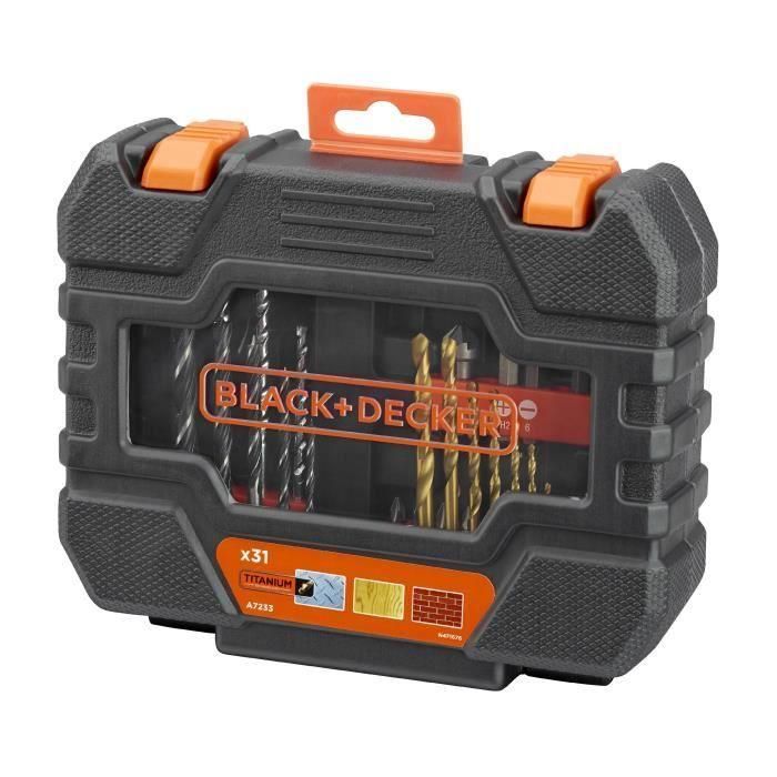 BLACK+DECKER A7233 Caja 31 Accesorios para Taladrar y Atornillar: Brocas Madera, Hormigón, HSS-TiN; Puntas Destornillador 1