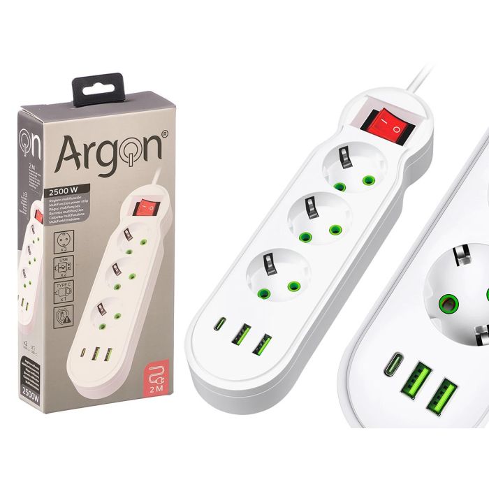 Argon Regleta Multifunción 3 Enchufes con Interruptor Individual 2500W, Cable 2 m, Plástico Blanco, 25x5x12 cm (Set de 12)