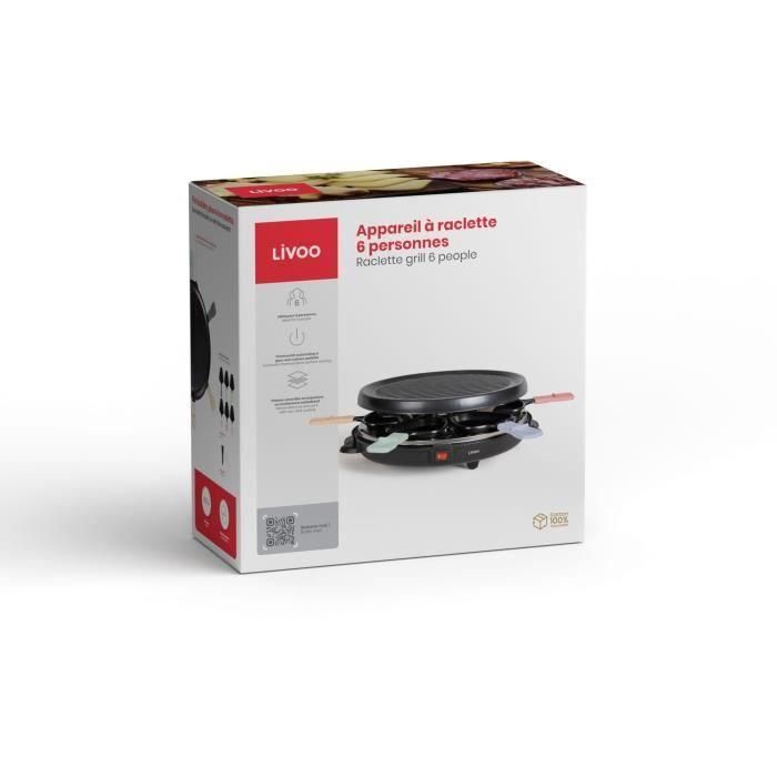 Livoo DOC207P Raclette para 6 personas, 800W con grill extraíble, 6 espátulas y 6 ollas para fondue 4