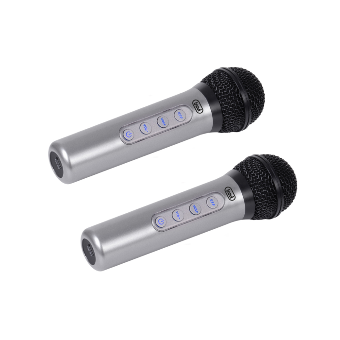 Trevi EM 415 R Micrófono Karaoke Inalámbrico Unidireccional, Conexión 6,35mm, USB-C, Batería Litio, Control Volumen, Negro/Plata Trevi EM 415 R Micrófono Karaoke Inalámbrico Unidireccional, Conexión 6,35mm, USB-C, Batería Litio, Control Volumen, Negro/Plata