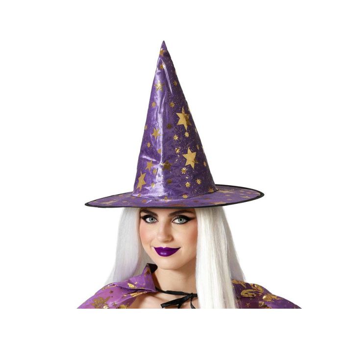 Sombrero de Bruja Morado con Estrellas Doradas para Mujer - Ideal para Halloween y Fiestas Temáticas