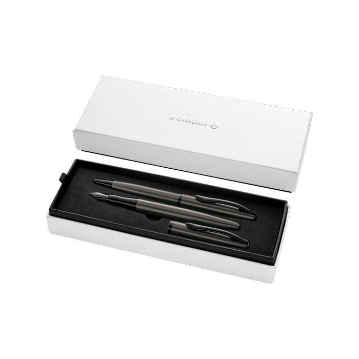 Pelikan Set Bolígrafo y Estilográfica Jazz Noble Elegance, Color Piedra, Tinta Azul, Plumín M, Punta Mediana 1mm, con Estuche de Regalo