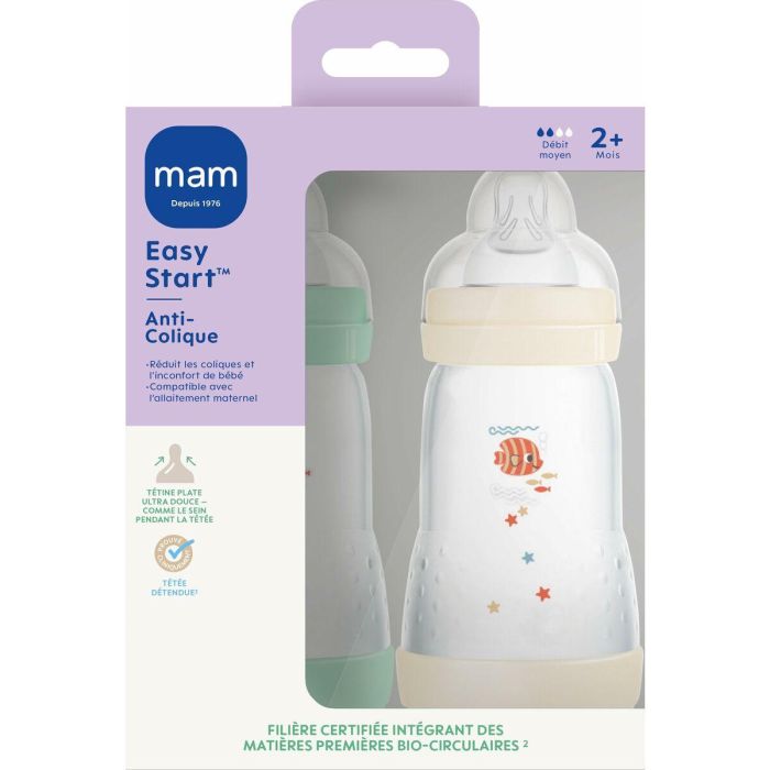 Mam MAM Easy Start Juego de 2 Biberones Anticólico 260 ml Flujo 2 Tétina Menta + Algodón 2 Mam MAM Easy Start Juego de 2 Biberones Anticólico 260 ml Flujo 2 Tétina Menta + Algodón 2