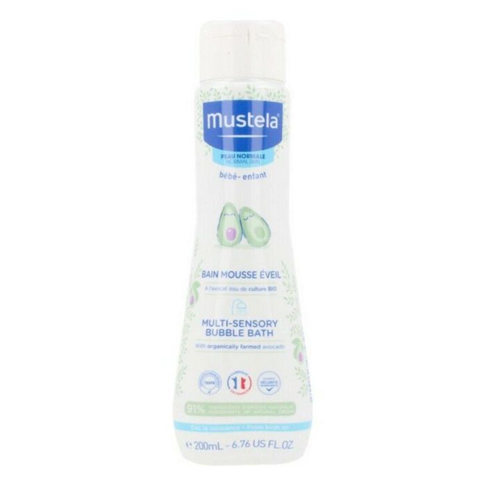 Mustela Baño de Burbujas Multisensorial Bebé-Niño, Gel Espumoso Hipoalergénico con Aguacate y Aciano, 200 ml