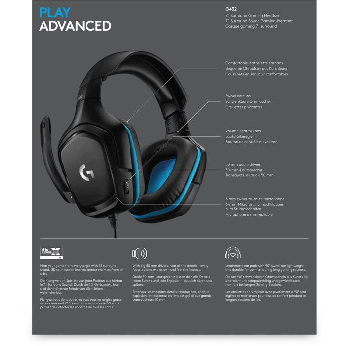 Logitech G432 Auriculares Gaming Cableados con Micrófono Sonido Envolvente DTS Headphone:X 2.0 Transductores 50mm USB Jack 3.5mm Negros 8 Logitech G432 Auriculares Gaming Cableados con Micrófono Sonido Envolvente DTS Headphone:X 2.0 Transductores 50mm USB Jack 3.5mm Negros 8