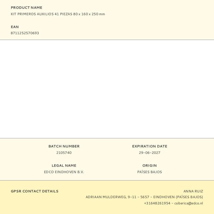 Kit primeros auxilios 41 piezas 80 x 160 x 250 mm 1 Kit primeros auxilios 41 piezas 80 x 160 x 250 mm 1