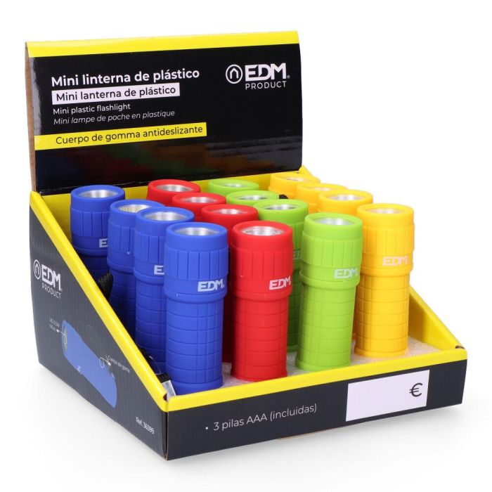Edm Mini Linterna de Mano LED COB 60lm, 3xAAA Pilas Incluidas, Colores Surtidos, Goma Antideslizante 3 Edm Mini Linterna de Mano LED COB 60lm, 3xAAA Pilas Incluidas, Colores Surtidos, Goma Antideslizante 3