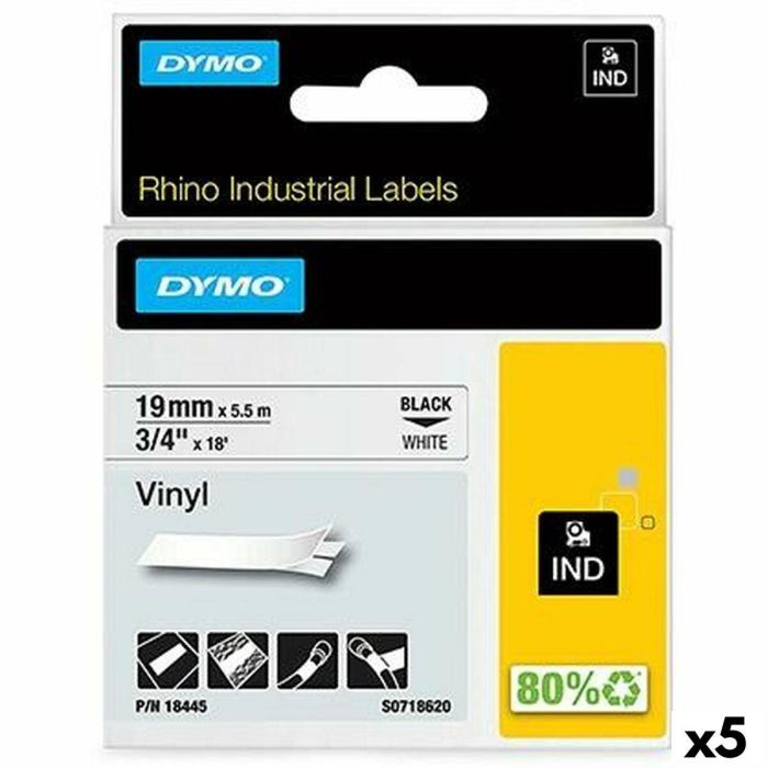 Cinta Laminada para Rotuladoras Rhino Dymo ID1-19 19 x 5,5 mm Negro Blanco Vinilo Autoadhesivas (5 Unidades)