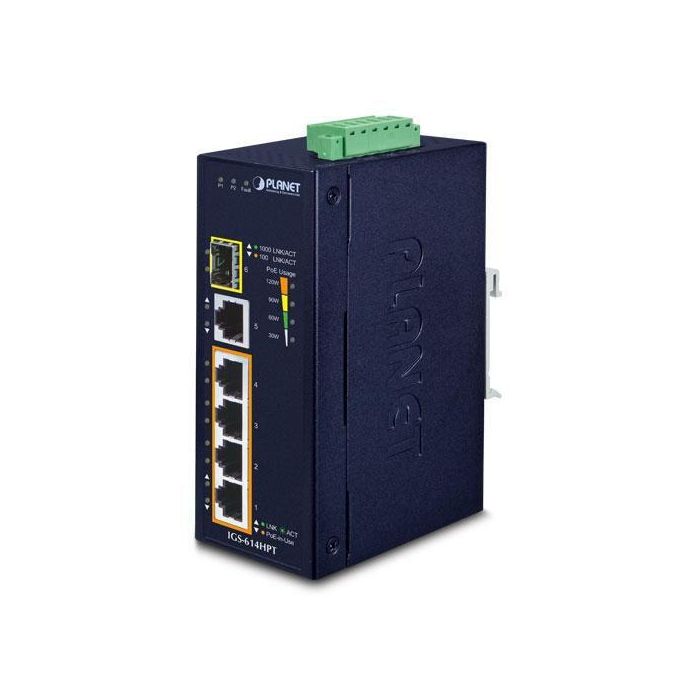 Planet Switch industrial 4 puertos PoE Gigabit 10/100/1000T 802.3at + 1 10/100/1000T + 1 SFP 100/1000X Planet Switch industrial 4 puertos PoE Gigabit 10/100/1000T 802.3at + 1 10/100/1000T + 1 SFP 100/1000X
