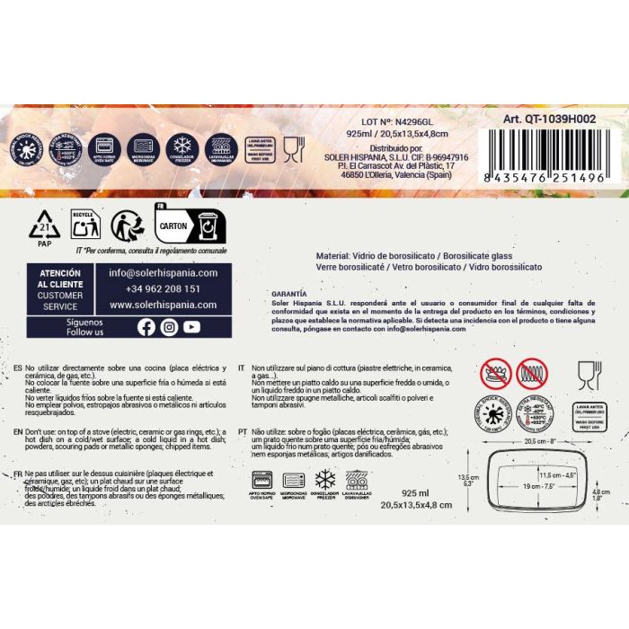 Quttin Fuente de Vidrio Rectangular 20x13 cm 925 cc (6 Unidades) 2