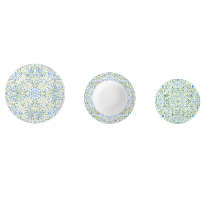 DKD Home Decor Vajilla Completa de Porcelana, Diseño Árabe con Azulejos, 18 Piezas en Tonos Verde y Azul, 27x27x3 cm