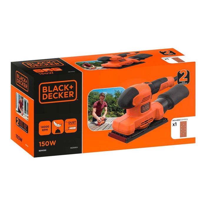 Black+Decker Lijadora Orbital BEW220-QS 150W de 1/3 para Grandes Superficies, Velocidad 14.000rpm, Cable 2m