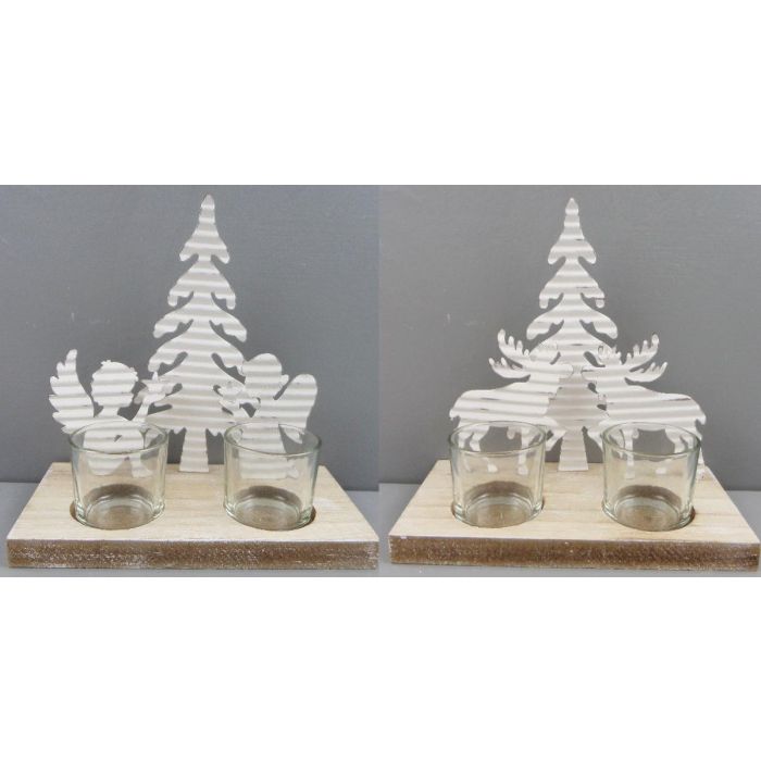 DKD Home Decor Portavela Navidad Moderna Blanco Natural Madera y Metal con 2 Vasos 9x18x18 cm Pack 4 Unidades