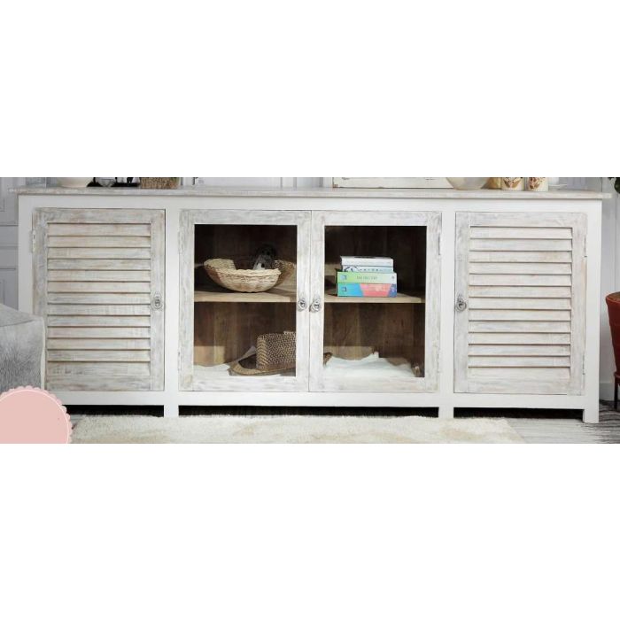 DKD Home Decor Buffet Aparador Romantico Hecho a Mano Madera Mango Blanco Natural 4 Puertas 3 Estanterías 210x40x82 cm