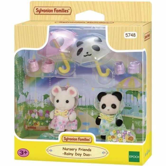 Sylvanian Families SYL1710444957409 Figuras Articuladas Dúo Bebés con Trajes de Lluvia Panda y Marshmallow Mouse
