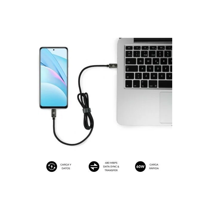 Subblim Cable USB-C a USB-C Optimus 60W, Carga Rápida PD, Nylon Trenzado, 480Mbps, 1m, Negro