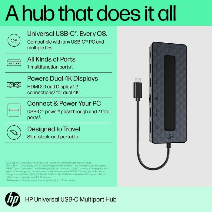 HP Universal USB-C Multiport Hub con 7 Puertos, Passthrough de Datos y Alimentación, Soporte Dual 4K HDMI 2.0 y DisplayPort 1.2 para PC 5