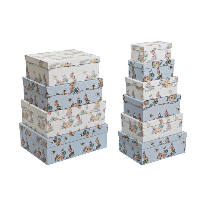 DKD Home Decor Caja de Almacenamiento Urban Cartón Colección World&flowers Azul Blanco con Flores 33.5 x 15.5 x 43.5 cm - Set de 10