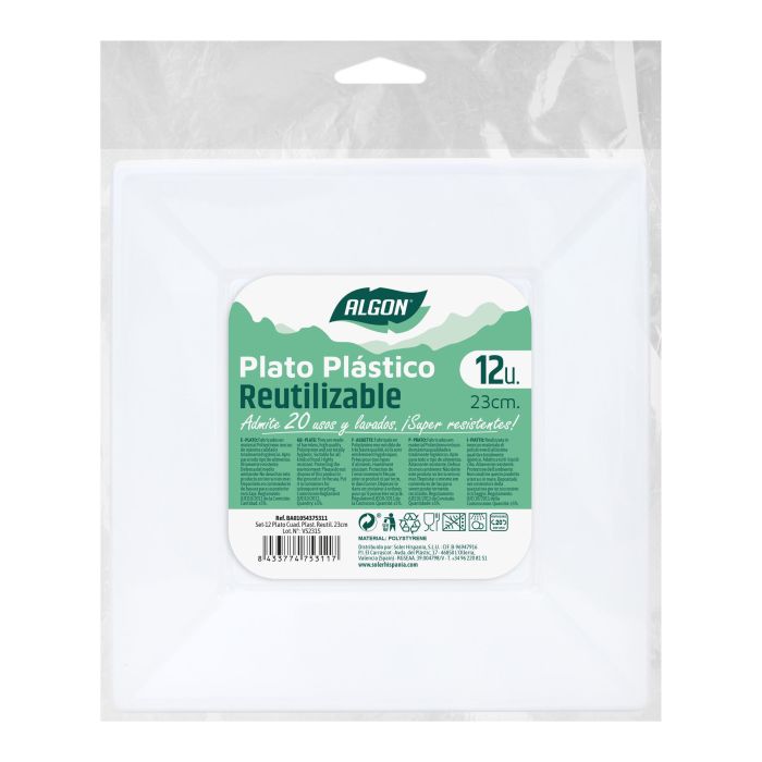 Set de 12 platos cuadrados de plástico premium Algon 23 cm (24 Cajas) 1 Set de 12 platos cuadrados de plástico premium Algon 23 cm (24 Cajas) 1