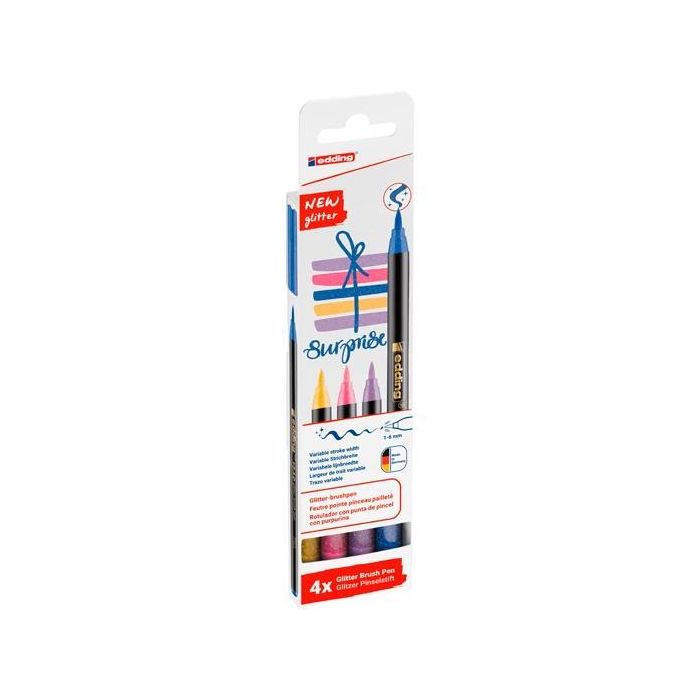 Edding 1340 Rotuladores Glitter Brush Pen Punta Pincel, Trazos Variables 1-6 mm, Estuche 4 Unidades