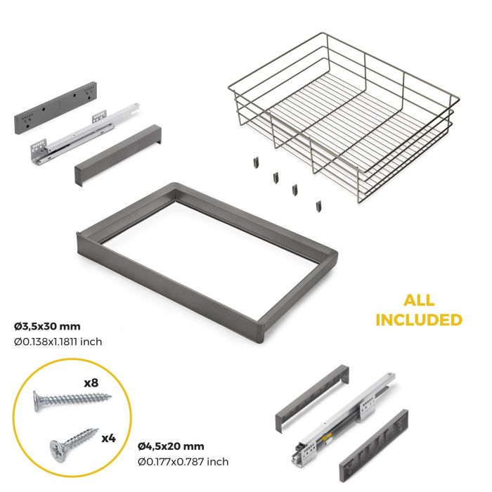 Emuca Kit de cajón de alambre y bastidor regulable Quartz para armarios, guías de cierre suave y extracción total, Módulo 70cm, Acabado Titanio 5