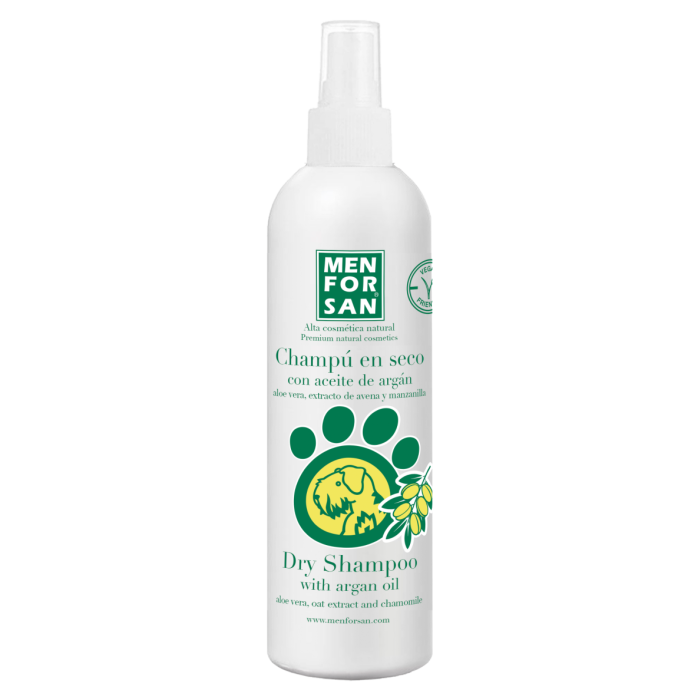Men For San Champú En Seco Perros, Aceite de Argán, Avena, Aloe Vera. Limpia, Nutre, Brillo, Vegano, pH Neutro, Sin Parabenos/Sulfatos