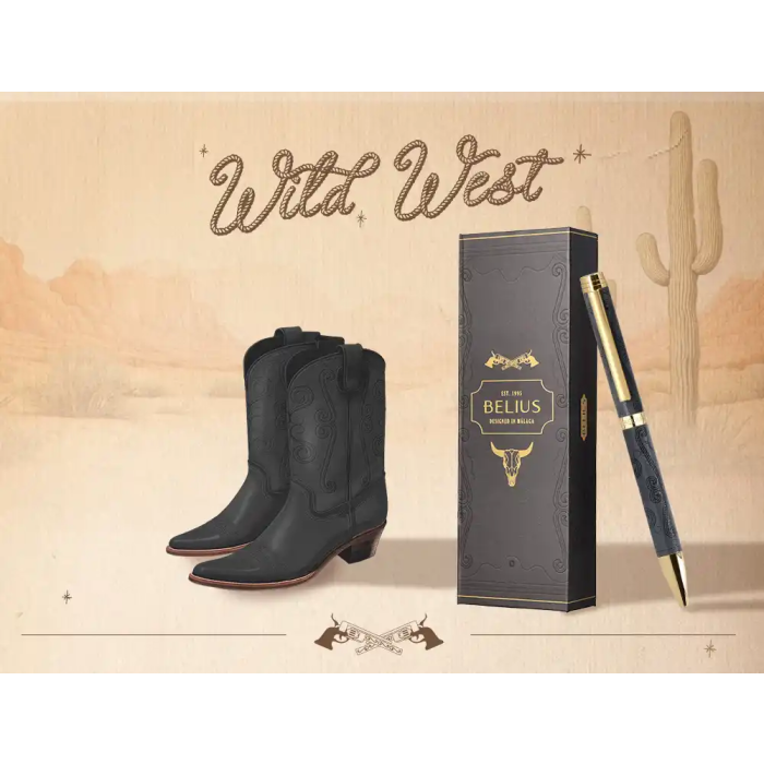 Belius Wild West Bolígrafo Aluminio Negro Dorado Tinta Azul Caja Diseño 3