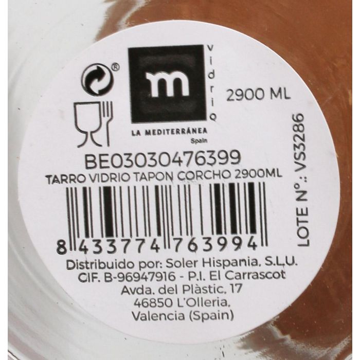 Tarro de vidrio con tapón de corcho 2900 ml - La Mediterranea (6 Unidades) 10 Tarro de vidrio con tapón de corcho 2900 ml - La Mediterranea (6 Unidades) 10