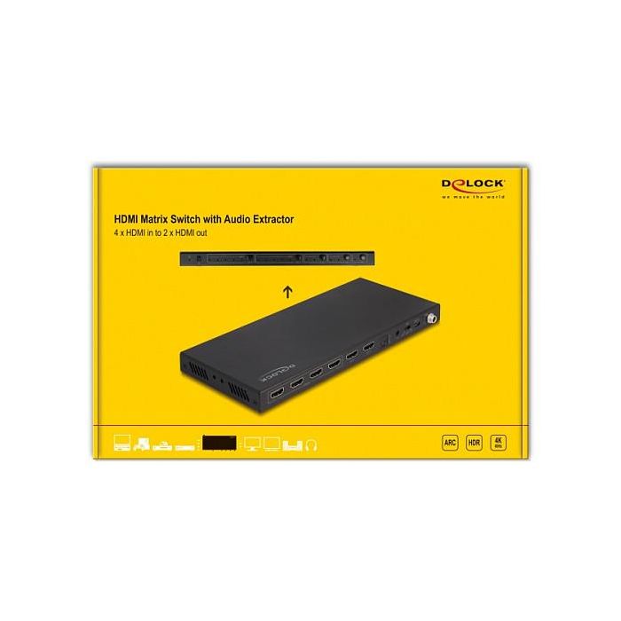 DeLOCK Conmutador Matriz HDMI 4x2, 4 Entradas HDMI a 2 Salidas HDMI, 4K Ultra HD 60 Hz, Extractor de Audio, HDR, HDCP 2.2, Metal Negro, con Mando a Distancia 3 DeLOCK Conmutador Matriz HDMI 4x2, 4 Entradas HDMI a 2 Salidas HDMI, 4K Ultra HD 60 Hz, Extractor de Audio, HDR, HDCP 2.2, Metal Negro, con Mando a Distancia 3