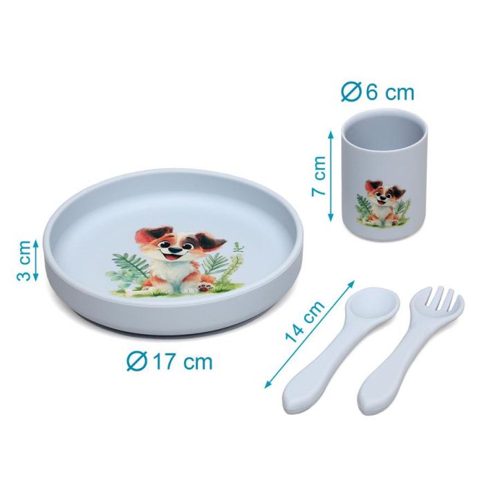 KioKids Vajilla de Silicona con Ventosa para Bebé Lovely Friends, Plato, Vaso y Cubiertos, Kit BLW, Azul, +6 Meses, 100% Grado Alimenticio, Lavavajillas, Microondas
