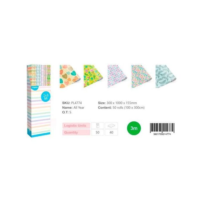 europrice Papel de Regalo Rollo All Year, 1x3M, 50 Unidades, 100x300 cm (50 Unidades)