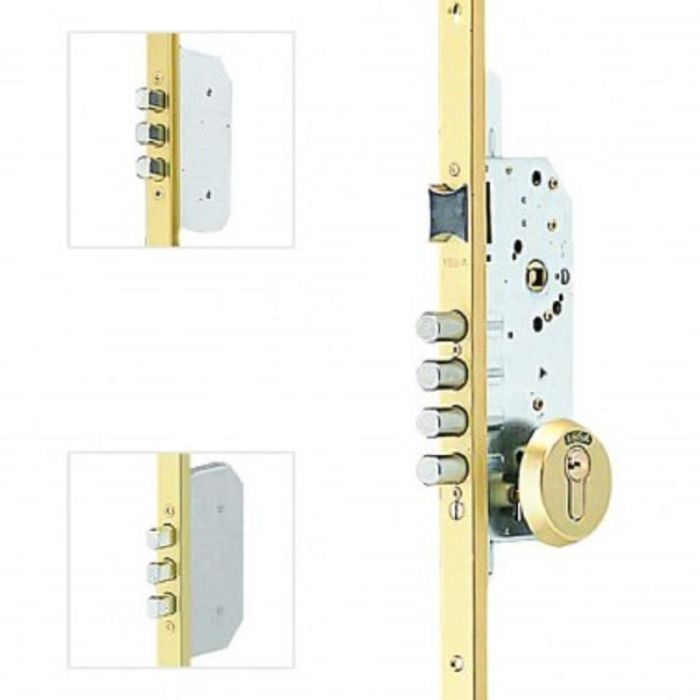 TESA T2B3566Le Cerradura Seguridad Multipunto 3 Puntos Bulones Redondos Cerradero 40mm Escudo E300L Cilindro T60 Dorada Puertas RF