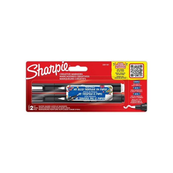 Sharpie Rotulador Acrílico Punta Redonda Blíster 2 Unidades Blanco y Negro para Múltiples Superficies