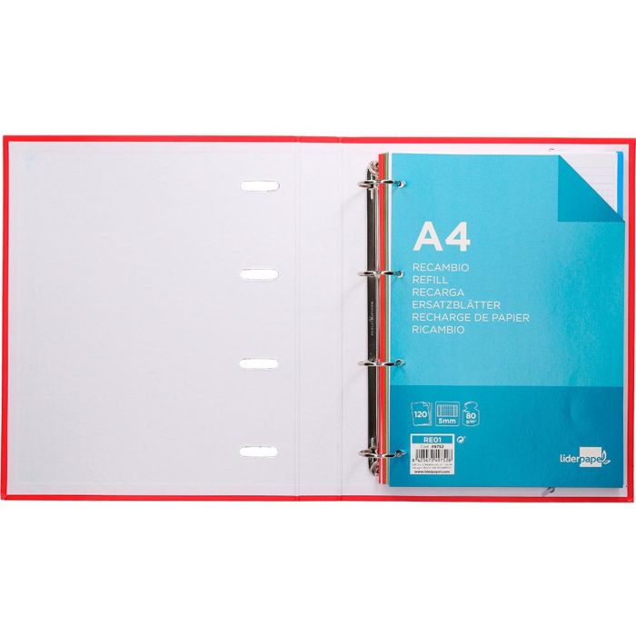 Carpeta Con Recambio Liderpapel A4 Cuadro 5 mm 120 Hojas 80 gr Forrada 4 Anillas 40 mm Redondas 3