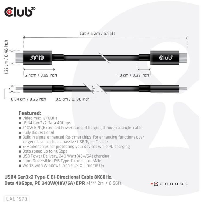 Club3D Kabel USB 4 Typ C PD 240W / 8K / 40Gbps 2m St/St 2 Club3D Kabel USB 4 Typ C PD 240W / 8K / 40Gbps 2m St/St 2