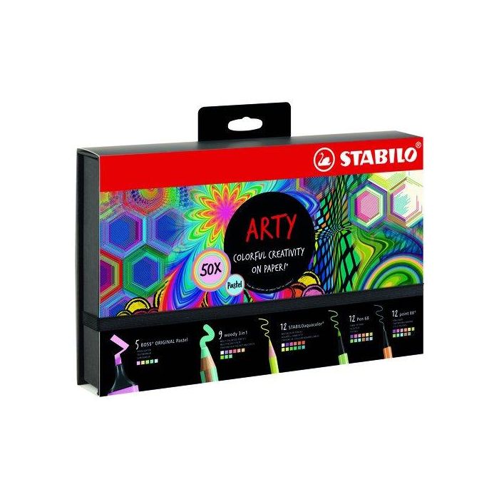 Stabilo Set Creativo Arty Pastel Estuche 50 Unidades - Marcadores, Lápices de Colores, Rotuladores y Más en Tonos Pastel