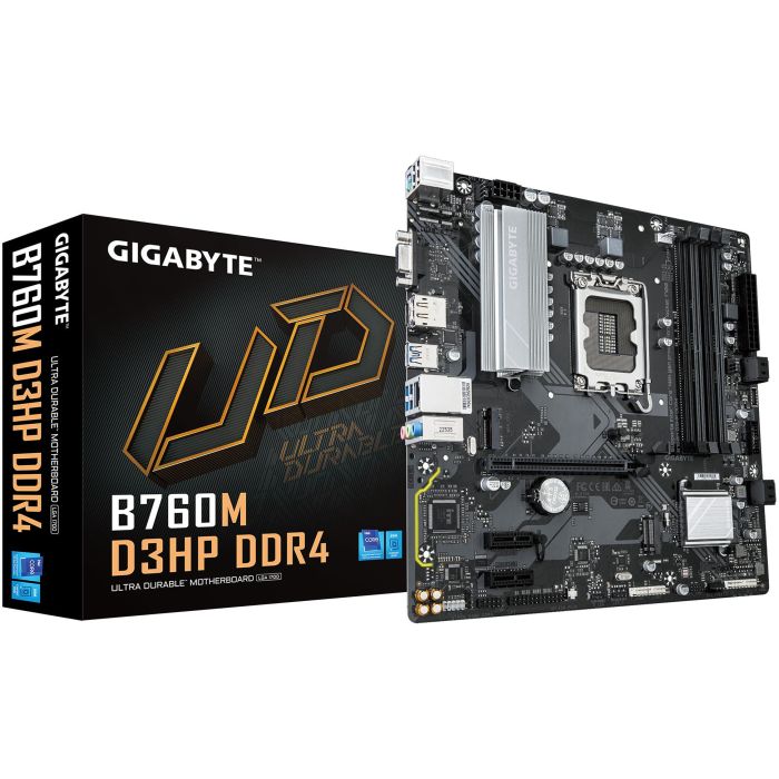 Gigabyte B760M D3HP DDR4 G10 Placa Base Compatible con CPUs Intel Core 14ª Gen, VRM Digital 4+1+1 Fases, DDR4 OC hasta 5333MHz, 2xPCIe 4.0 M.2, LAN GbE, USB 3.2 Gen1 0 Gigabyte B760M D3HP DDR4 G10 Placa Base Compatible con CPUs Intel Core 14ª Gen, VRM Digital 4+1+1 Fases, DDR4 OC hasta 5333MHz, 2xPCIe 4.0 M.2, LAN GbE, USB 3.2 Gen1 0
