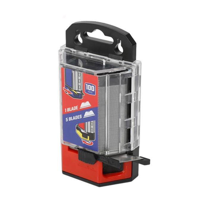 Workpro Cuchillas trapezoidales 100 unidades SK2, tratamiento térmico, compatibles con mayoría de cúter plegables, para cartón y plástico, incluye dos dispensadores 6