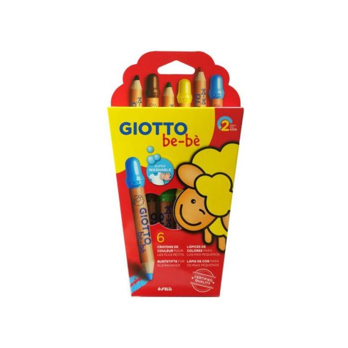 Giotto Super Bebe Lápices de Colores Caja de 6 + Sacapuntas, Colores Surtidos, Mina Gigante, Lavables