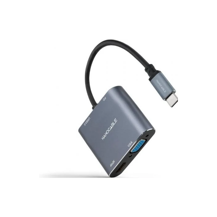 Nano Cable 10.16.4304 Conversor USB-C Macho a HDMI 4K Hembra, VGA Hembra, USB-C PD Hembra, USB Hembra, 15cm, Gris