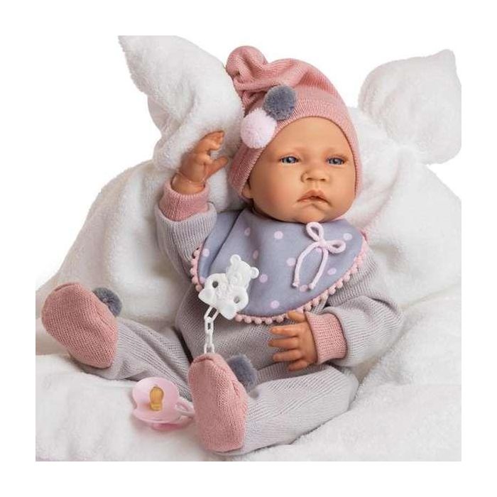 Berjuan Muñeco New Born Niña 45 cm con Pijama de Lana Gris, Babero y Almohada Blanca para +3 Años 1 Berjuan Muñeco New Born Niña 45 cm con Pijama de Lana Gris, Babero y Almohada Blanca para +3 Años 1