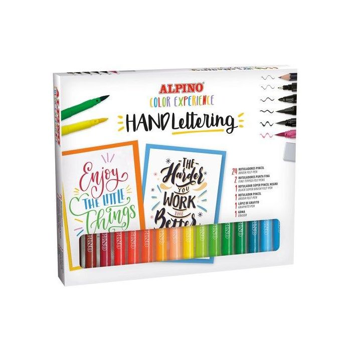 Alpino Ar000701 Set de Iniciación Lettering Color Experience: 24 Rotuladores Pincel, Punta Fina, Doble Punta, Lápiz y Goma