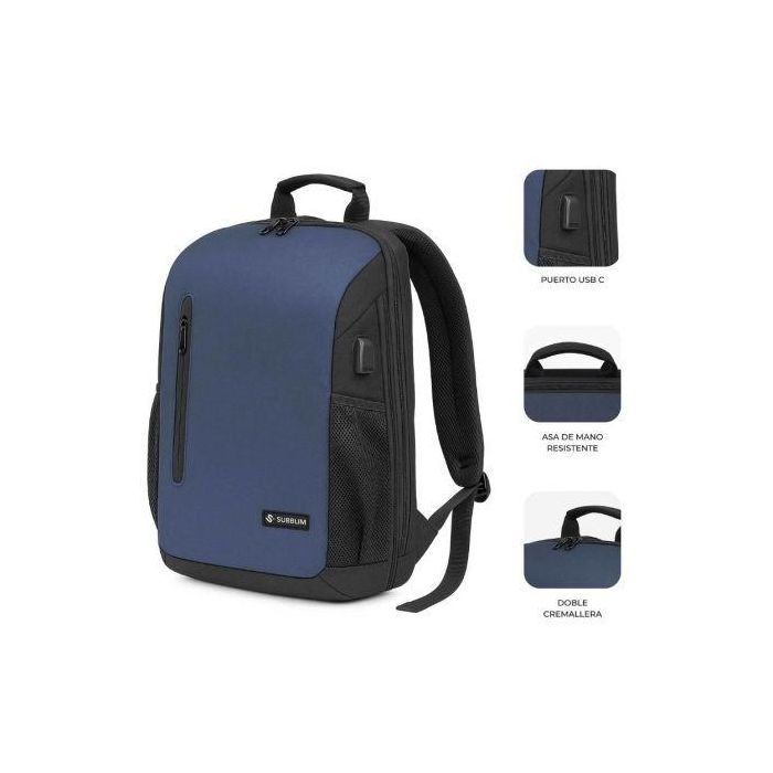Subblim Mochila Xpand Air Padding Backpack, SUBBP-5NXAP02, para Portátiles hasta 15.6", Puerto USB-C Exterior, Azul, Capacidad Expandible 18-21L 3
