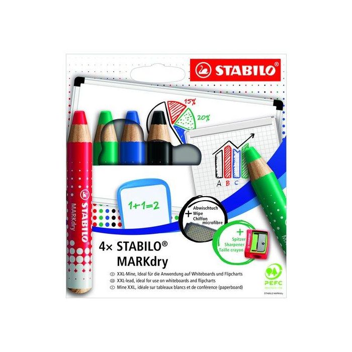 Stabilo Lapiz Marcador en Seco MarkDry para Pizarra Blanca Estuche de 4 Colores Surtidos + Sacapuntas + Paño de Limpieza