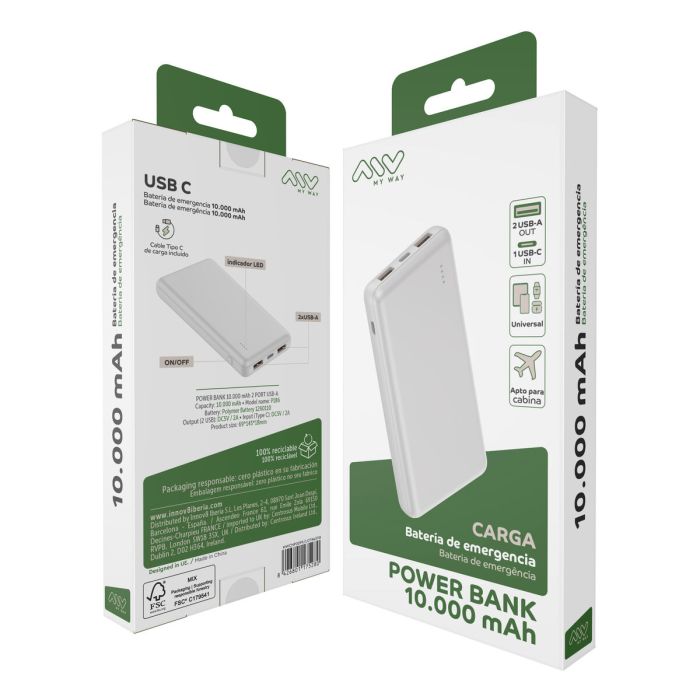 Myway power bank 10.000 mAh USB 2 puertos 2A + cable tipo C blanca 2